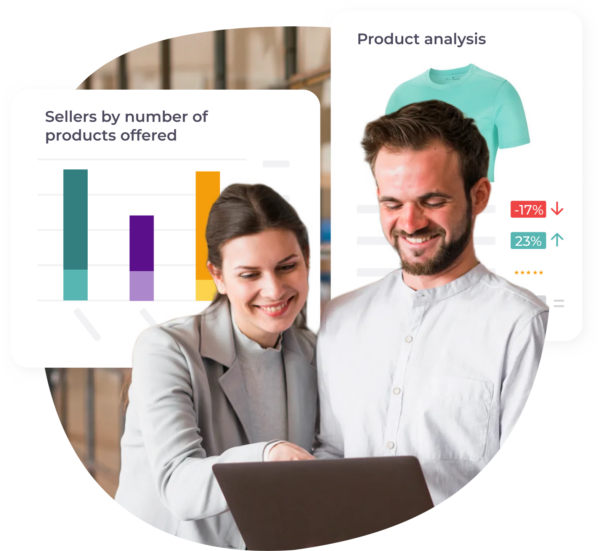 A dashboard showing product analysis, including sellers by number of products offered, and a graph indicating a decrease of 17% in a specific metric.