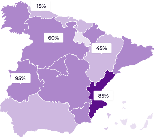 A map of Spain divided into regions, each colored with different shades of purple to represent a percentage. The darker the shade, the higher the percentage. Specific percentages are labeled within some regions.