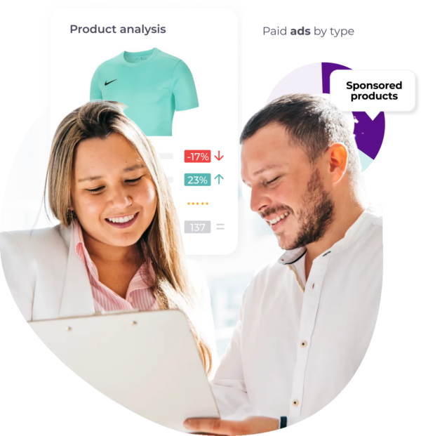 A dashboard showing product analysis, including paid ads by type (sponsored products), and a decrease of 17% in a specific metric.