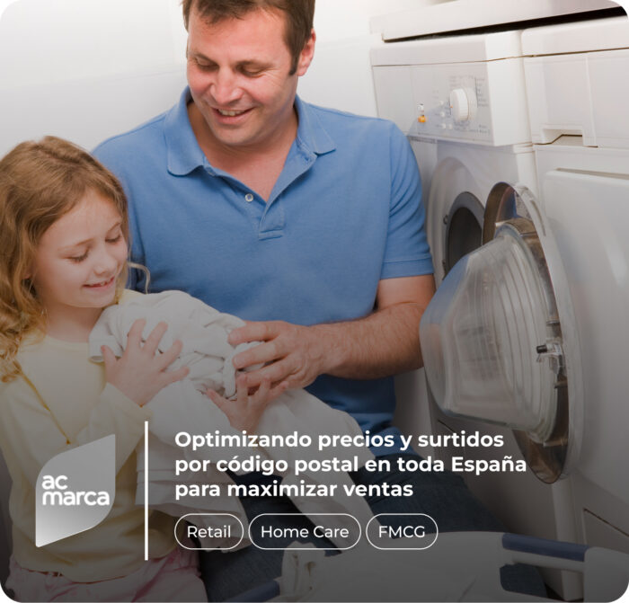 Padre e hija en una lavandería doméstica, sonriendo mientras colocan ropa en una lavadora. Texto superpuesto: "Optimizando precios y surtidos por código postal en toda España para maximizar ventas. Retail, Home Care, FMCG". Logotipo de AC Marca en la esquina inferior izquierda.