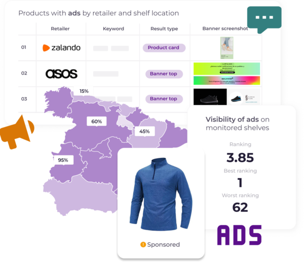 A table showing product ads by retailer and shelf location, including Zalando, Asos, and others. A map shows the visibility of ads on monitored shelves.