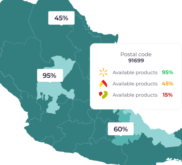 A map of Spain highlighting regions with different product availability percentages. A specific postal code (91699) is highlighted, showing the availability of different products.