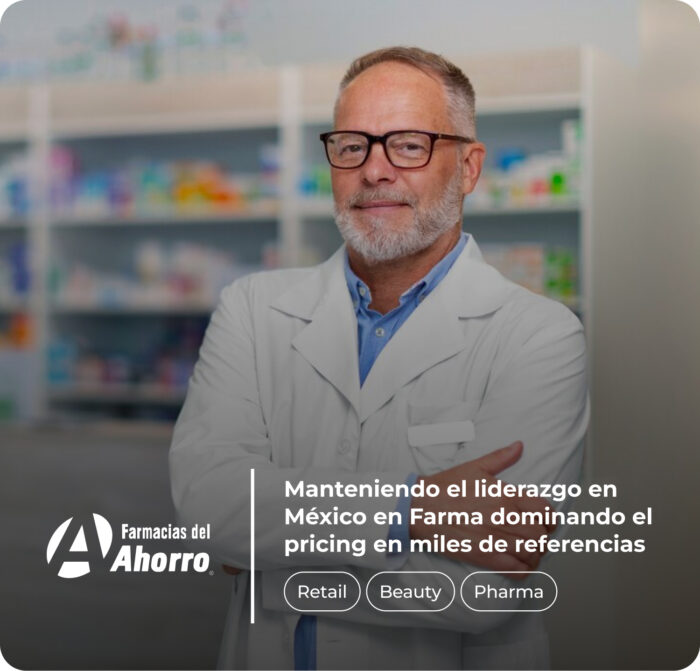 Male pharmacist with glasses and a white coat standing confidently in a pharmacy, with text highlighting leadership in Mexico's pharma pricing across thousands of references, alongside the Farmacias del Ahorro logo and categories "Retail," "Beauty," and "Pharma."