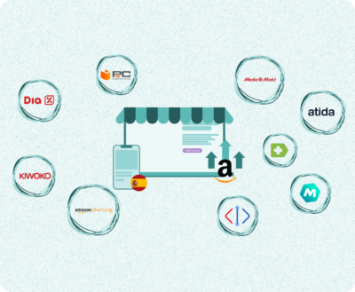 A diagram showing various Brazilian e-commerce platforms, including Dia, PCComponentes, Media Markt, atida, Kiwiko, Amazon Advertising, Mercado Libre, and a generic mobile app, all connected to a central hub representing an online store.