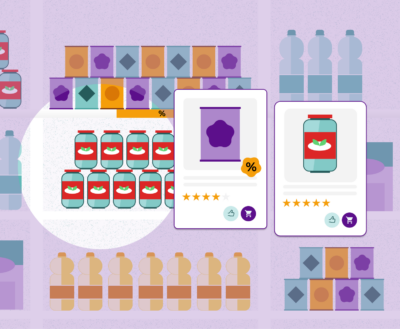 An illustration of a grocery store aisle with various food products on shelves, including canned goods, bottled drinks, and jarred items. In the foreground, there are two product cards representing the same products on the site, showing product information, ratings, and a percentage discount.