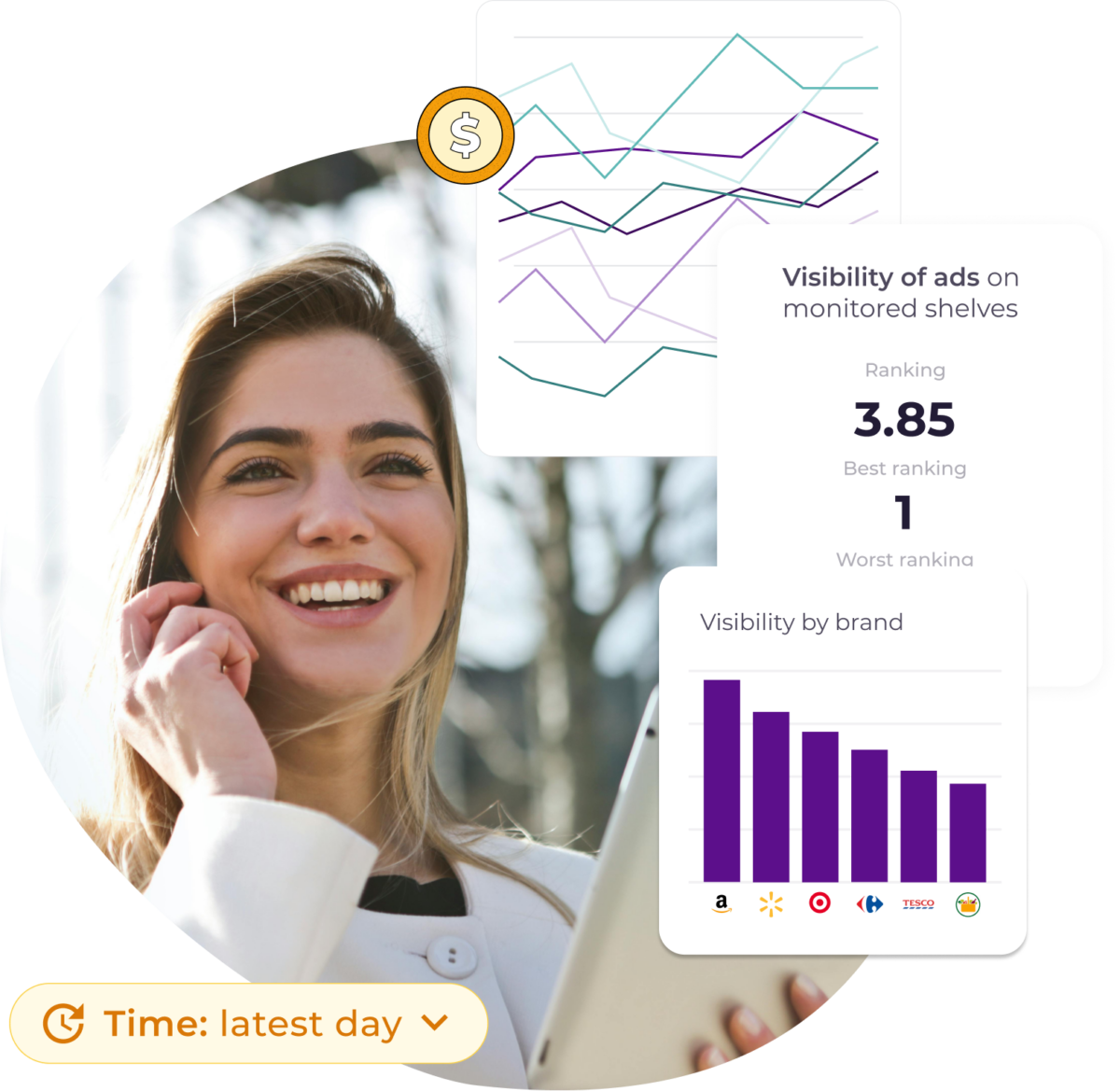 Dashboard showing product pricing data, promotions distribution, availability, and ad visibility for a specific product