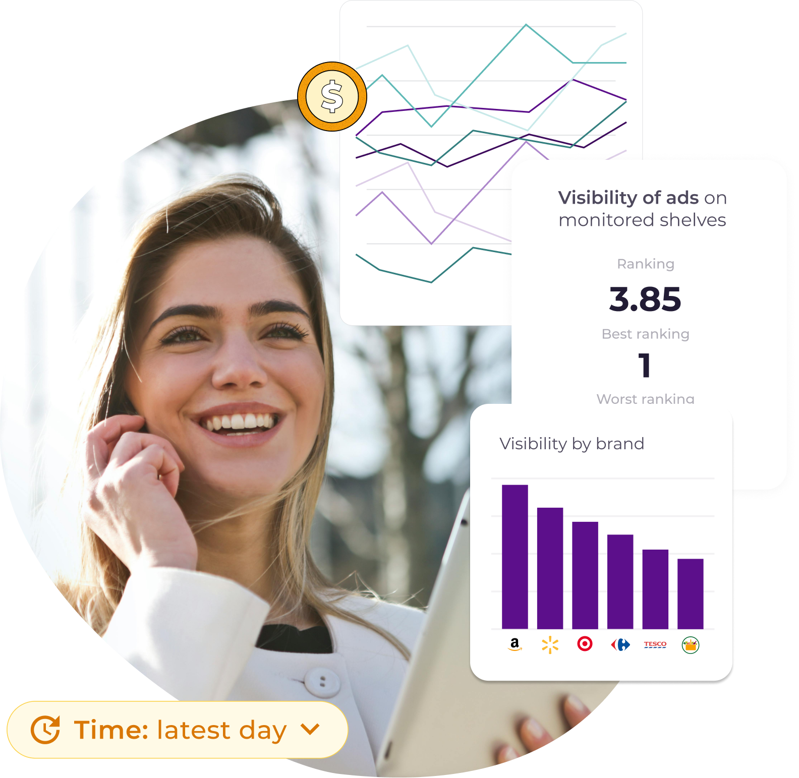 Dashboard showing product pricing data, promotions distribution, availability, and ad visibility for a specific product