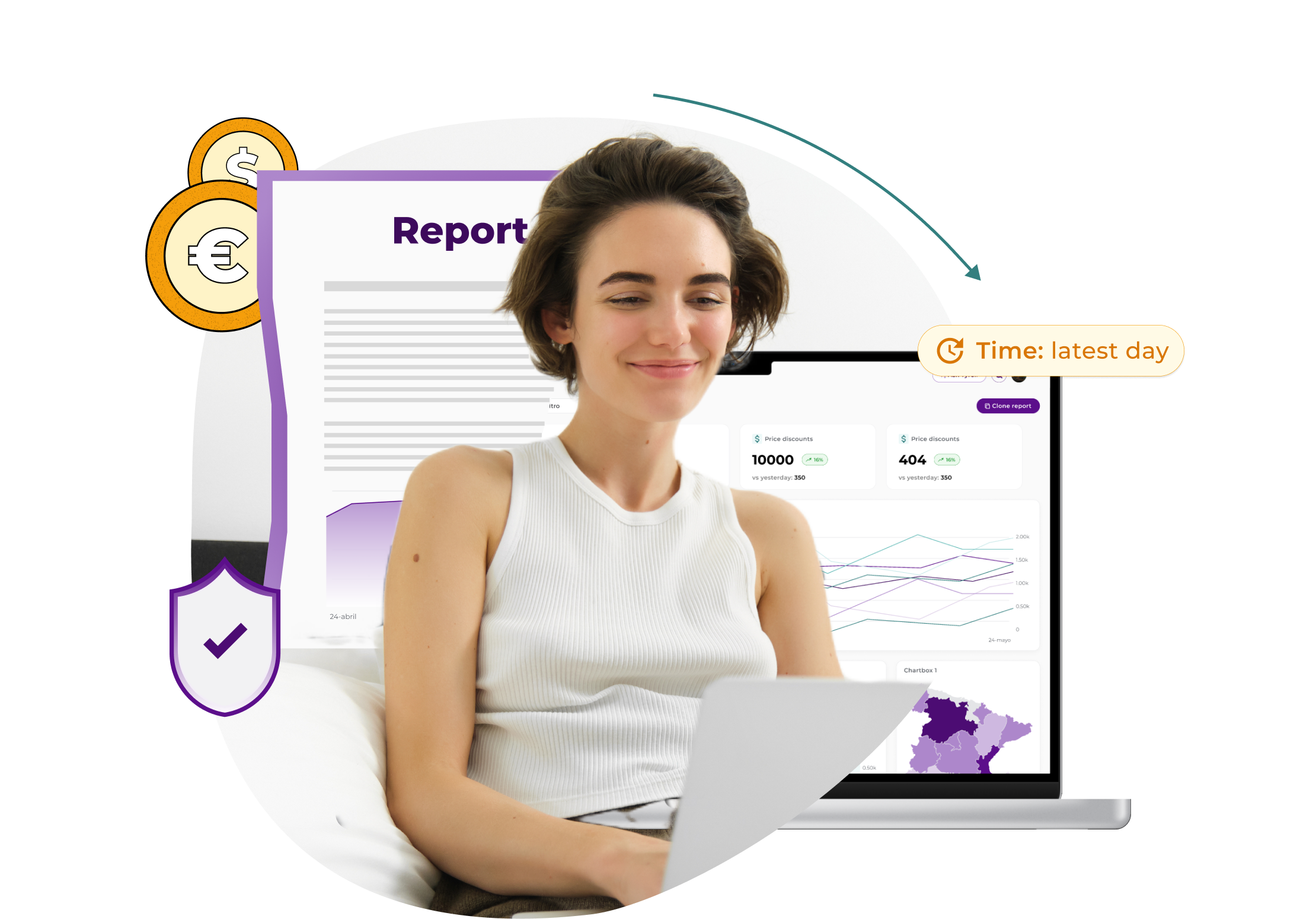 Smiling woman working on a laptop with data reports, charts, and currency icons in the background, representing financial analysis and time tracking.