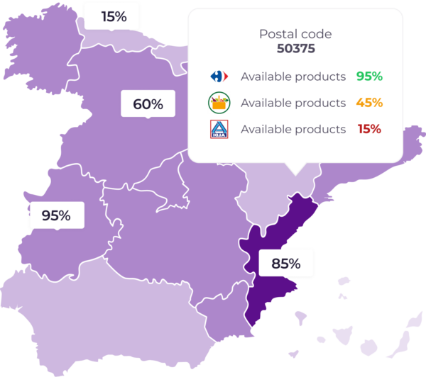 A map of Spain with different regions highlighted in various shades of purple, indicating different levels of product availability. A specific postal code, 50375, is labeled with its availability percentage. 