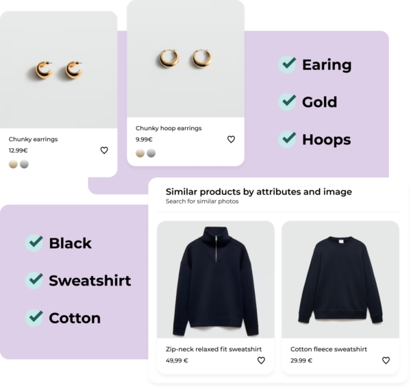 Product page showing two pairs of chunky hoop earrings in gold, followed by two similar products: black sweatshirtrepresenting product matching