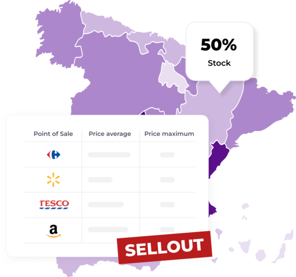 Map of Spain showing product availability and price information for TESCO, Walmart, and Amazon.