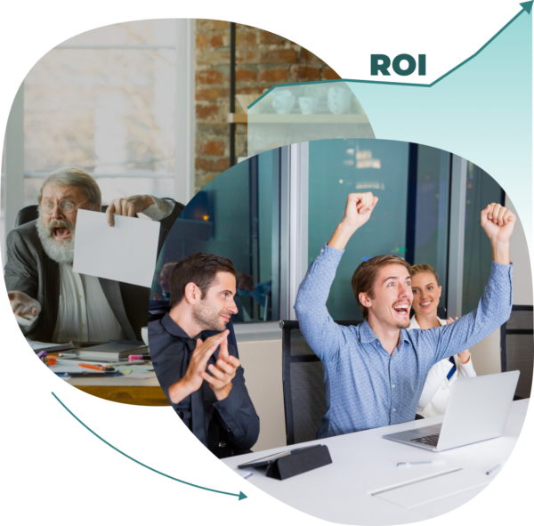 Two contrasting business scenes: a frustrated man in a meeting and a team celebrating success with raised arms, symbolizing a positive return on investment (ROI).