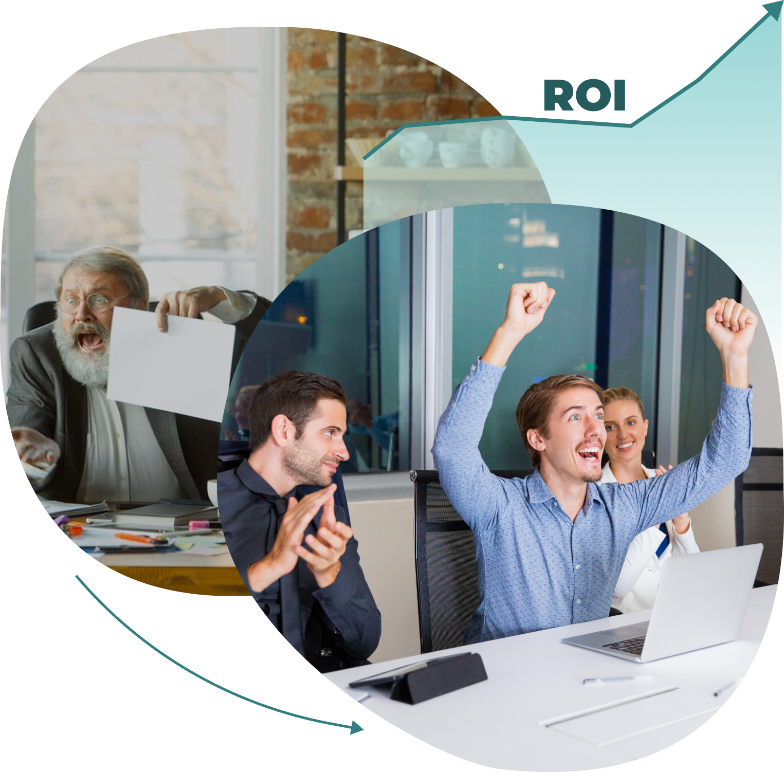 Two contrasting business scenes: a frustrated man in a meeting and a team celebrating success with raised arms, symbolizing a positive return on investment (ROI).