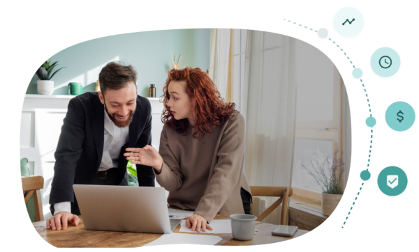 Two colleagues discussing work while looking at a laptop in a bright office setting, with business-related icons on the side.