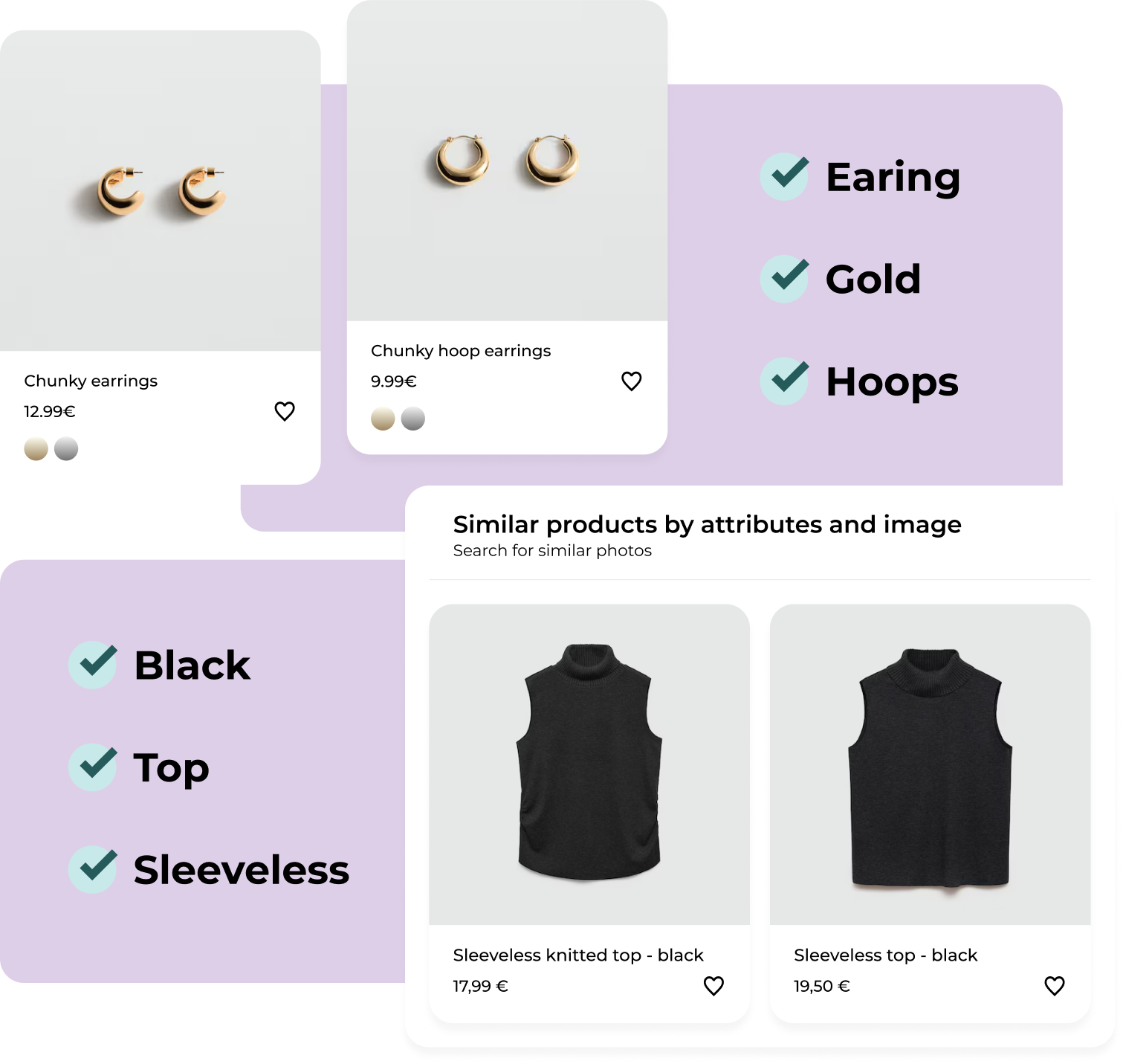 Product page showing two pairs of chunky hoop earrings in gold, followed by two similar products: sleeveless knitted tops in black representing product matching