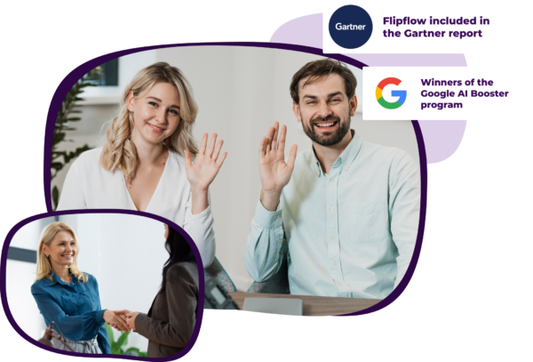 Happy partners, Flipflow logo, Gartner logo, and text "Flipflow included in the Gartner report" and "Winners of the Google AI Booster program"