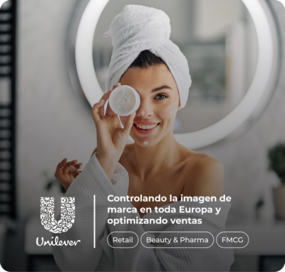 Image with the Unilever logo and the text "Controlando la Imagen de marca en toda Europa y optimizando ventas"