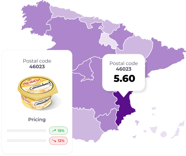 A color-coded map of Spain shows variations in product pricing, exemplified by Camembert cheese. A specific postal code is highlighted with its corresponding price.