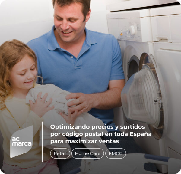 Father and daughter smiling while handling laundry next to a washing machine, with text promoting price and assortment optimization by postal code across Spain to maximize sales. Includes the AC Marca logo and categories "Retail," "Home Care," and "FMCG."