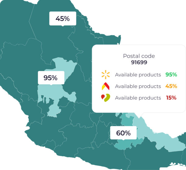 A map of Spain color-coded by region to represent product availability. A specific postal code (91699) is highlighted, showing availability percentages for different products.