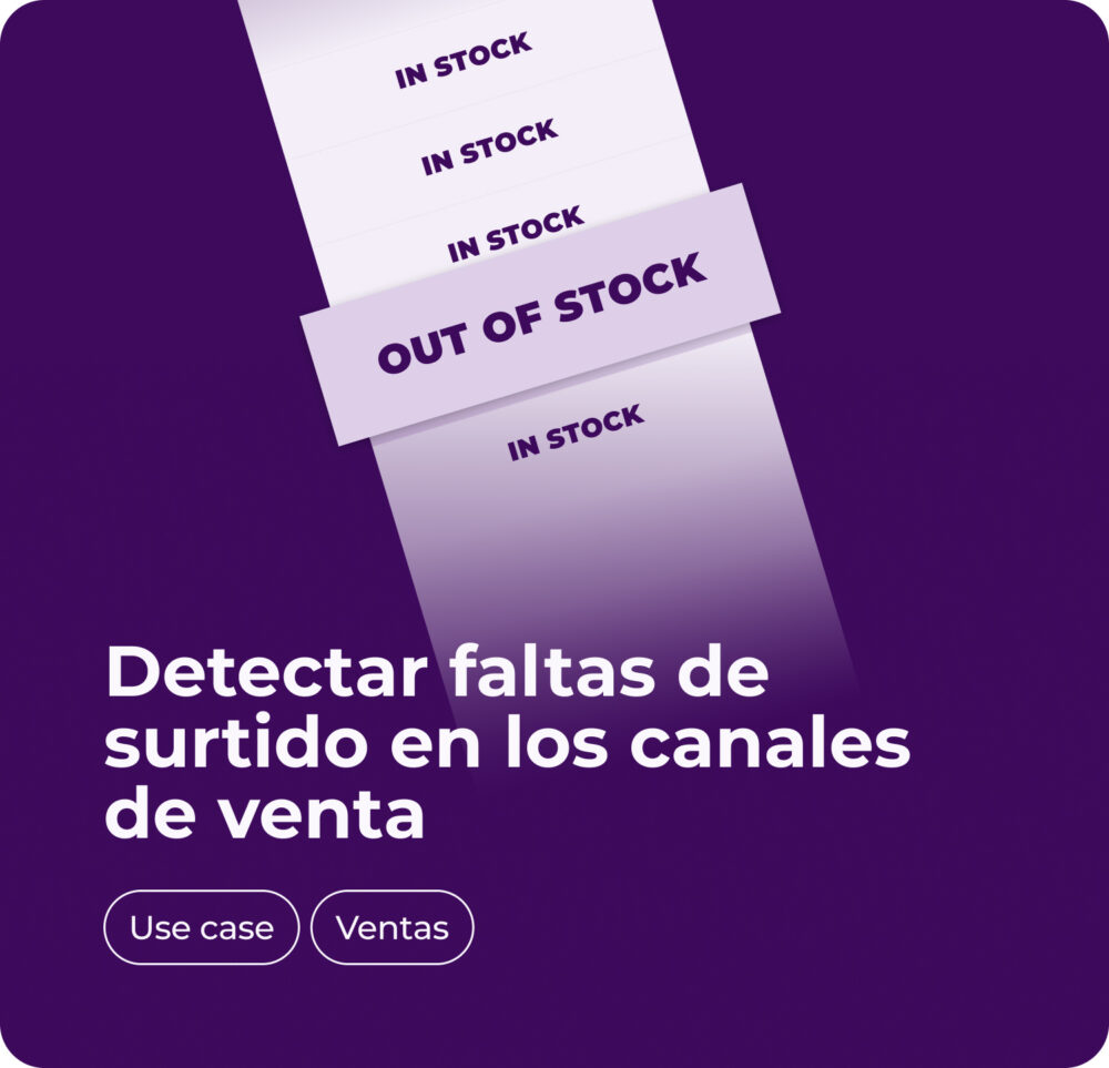 Illustration with the text 'Detectar faltas de surtido en los canales de venta' (Detect stock shortages in sales channels) over a purple background. Features a vertical list with 'IN STOCK' repeated and a highlighted 'OUT OF STOCK.' Includes buttons labeled 'Use case' and 'Ventas' (Sales).