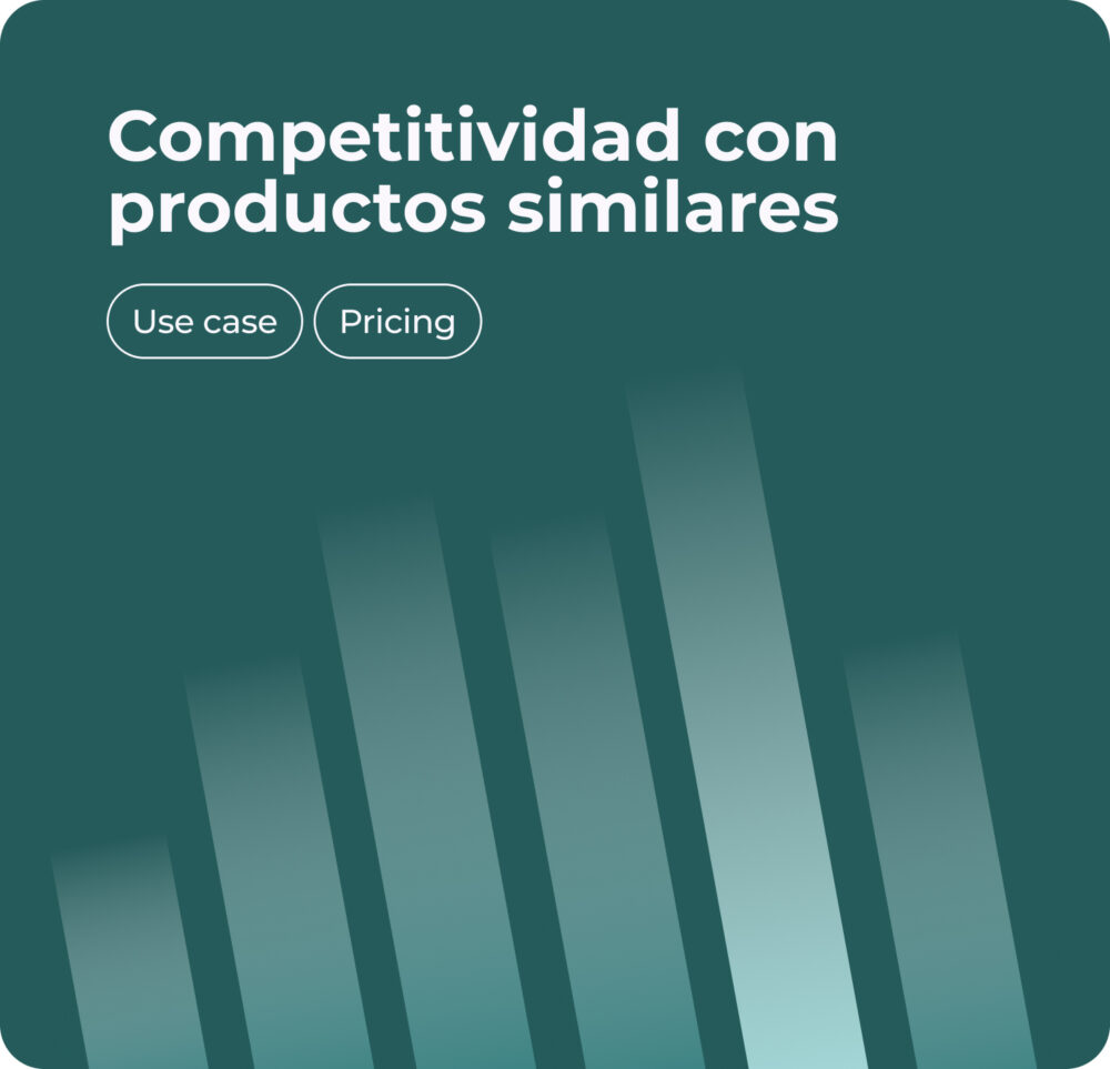 Illustration with the text 'Competitividad con productos similares' (Competitiveness with similar products) over a green background with descending bar graphs. Includes buttons labeled 'Use case' and 'Pricing.'