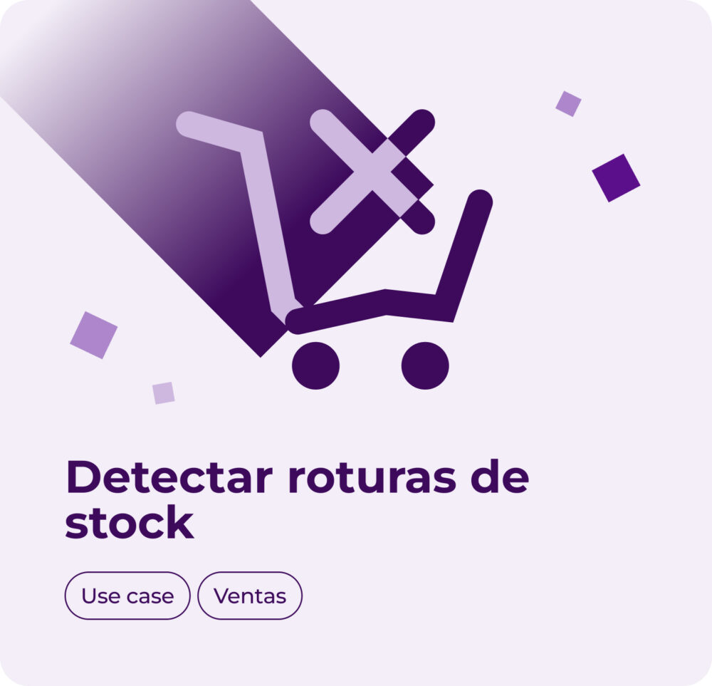 Illustration with the text 'Detectar roturas de stock' (Detect stockouts) over a light purple background. Features a shopping cart icon with an 'X' to symbolize stock depletion. Includes buttons labeled 'Use case' and 'Ventas' (Sales).