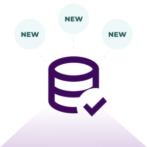 Database icon with a checkmark and multiple 'NEW' labels surrounding it, symbolizing the addition of new product data to a verified and centralized system in retail analytics.