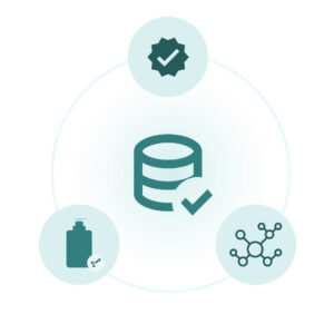 Centralized database icon with a checkmark, surrounded by icons representing quality assurance, product packaging, and data connectivity, symbolizing verified and interconnected retail analytics data.