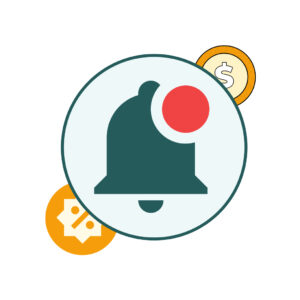 Notification bell icon with a red alert indicator, surrounded by a dollar coin and a discount tag, symbolizing pricing updates, promotions, or financial alerts in retail analytics.