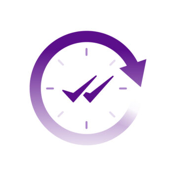 Icon depicting a clock with a circular arrow and two checkmarks inside, symbolizing real-time tracking, timely updates, or task completion in analytics workflows.