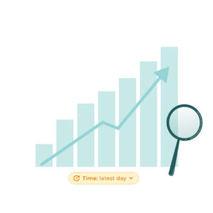 Illustration of a bar chart with an upward arrow and a magnifying glass, symbolizing growth analysis and detailed performance tracking for the latest time period.