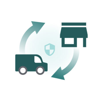 Icon representing the supply chain process with a delivery truck and a storefront connected by circular arrows, symbolizing logistics, inventory flow, and stock replenishment in retail analytics.