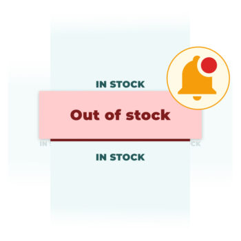 Illustration showing 'Out of stock' highlighted in red with 'In stock' above and below, alongside a notification bell with a red alert dot. Represents alerts for stock availability issues.