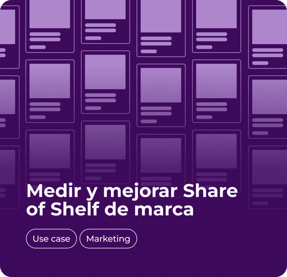 Dark purple-themed graphic with a grid of product cards, representing digital shelf presence. The text reads 'Measure and improve brand Share of Shelf,' with tags 'Use case' and 'Marketing,' focusing on brand visibility.