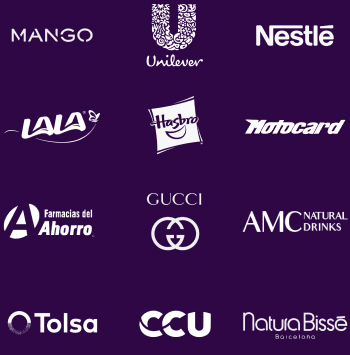 A collection of brand logos displayed on a dark purple background. The logos include well-known companies such as MANGO, Unilever, Nestlé, LALA, Hasbro, Motocard, Gucci, Farmacias del Ahorro, AMC Natural Drinks, Tolsa, CCU, and Natura Bissé Barcelona.