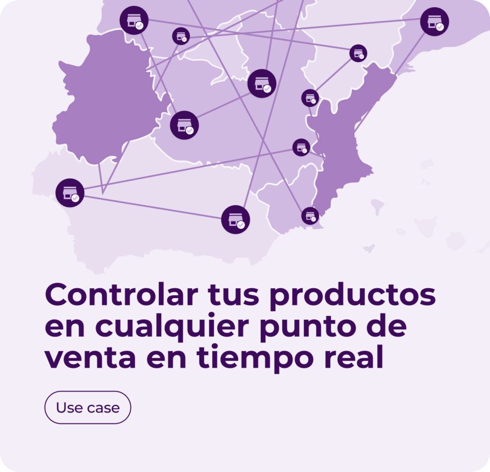 Ilustración de un mapa con íconos de tiendas interconectados, representando el monitoreo de productos en múltiples ubicaciones. El texto dice: 'Controlar tus productos en cualquier punto de venta en tiempo real,' con un botón de 'Use case'.