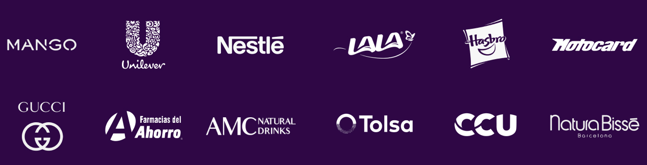 A collection of brand logos displayed on a dark purple background. The logos include well-known companies such as MANGO, Unilever, Nestlé, LALA, Hasbro, Motocard, Gucci, Farmacias del Ahorro, AMC Natural Drinks, Tolsa, CCU, and Natura Bissé Barcelona.